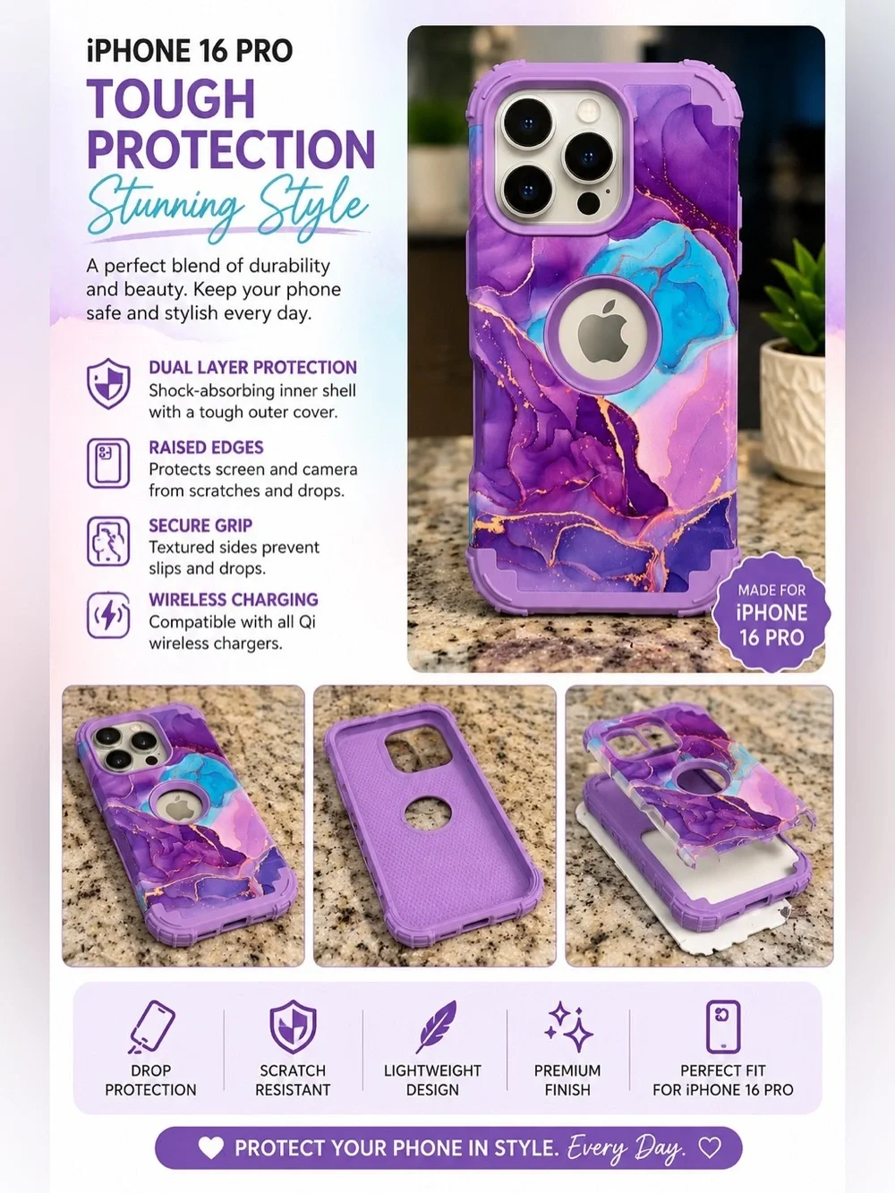 Purple Marble Protective Phone Case with Gold Veining IPHONE 16 PRO